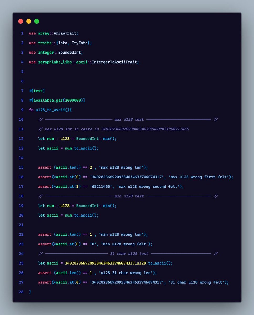 Turn your integers into its short string ASCII representation with the new <a href="/SeraphLabs/">Seraph Labs</a> Cairo-1 ASCII library 🤌

github.com/Seraph-Labs/Ca…

Feedback highly welcomed!