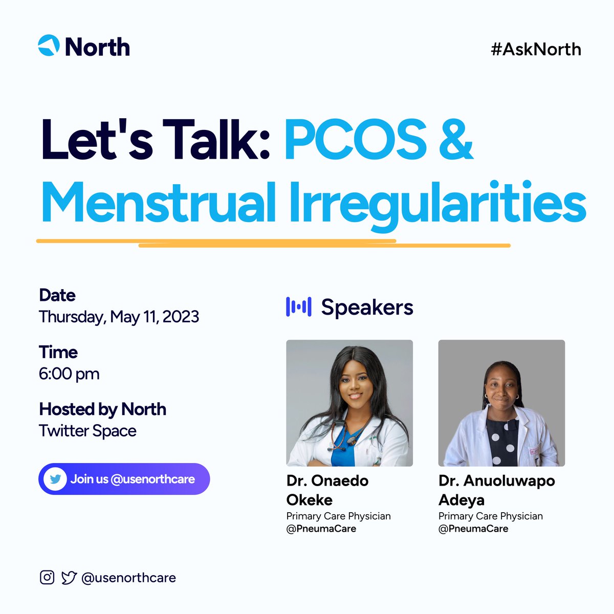 usenorthcare's tweet photo. Curious about PCOS and Menstrual Irregularities?🩸
Our upcoming Twitter Space is the place to be! Save the date and join the conversation on Thursday, May 11, at 6pm ⏱️ 

#AskNorth #PCOSawareness #MenstrualHealth #WomensHealth #PCOS https://t.co/bI6jCTUvyV