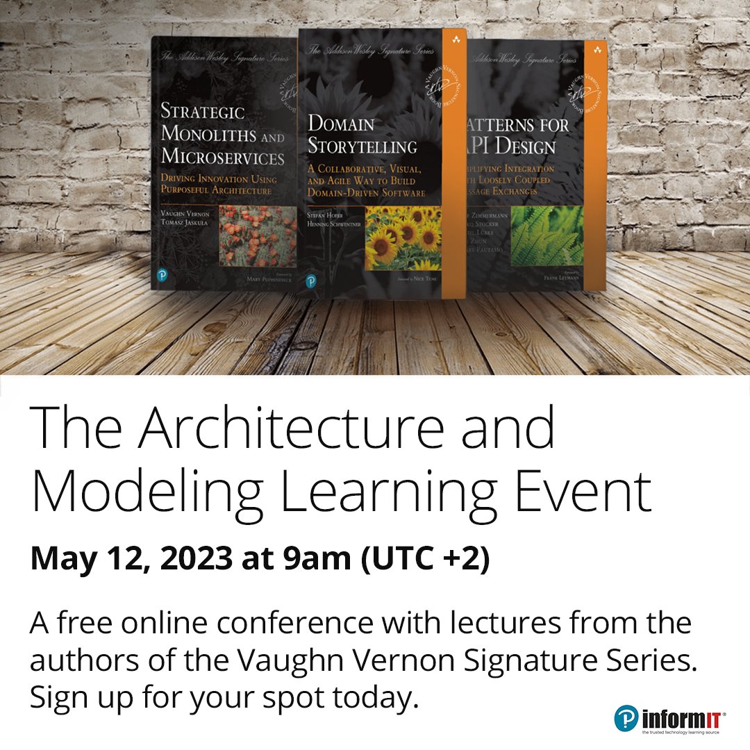 kalele_io's tweet image. Attend the free, online Architecture and Modeling Learning Event on May 12! 
Gain new insights and skills from the authors in @VaughnVernon's signature series.
Registered participants get access to video recordings.
bit.ly/AWSSEvent
cc/@InformIT @wps_de