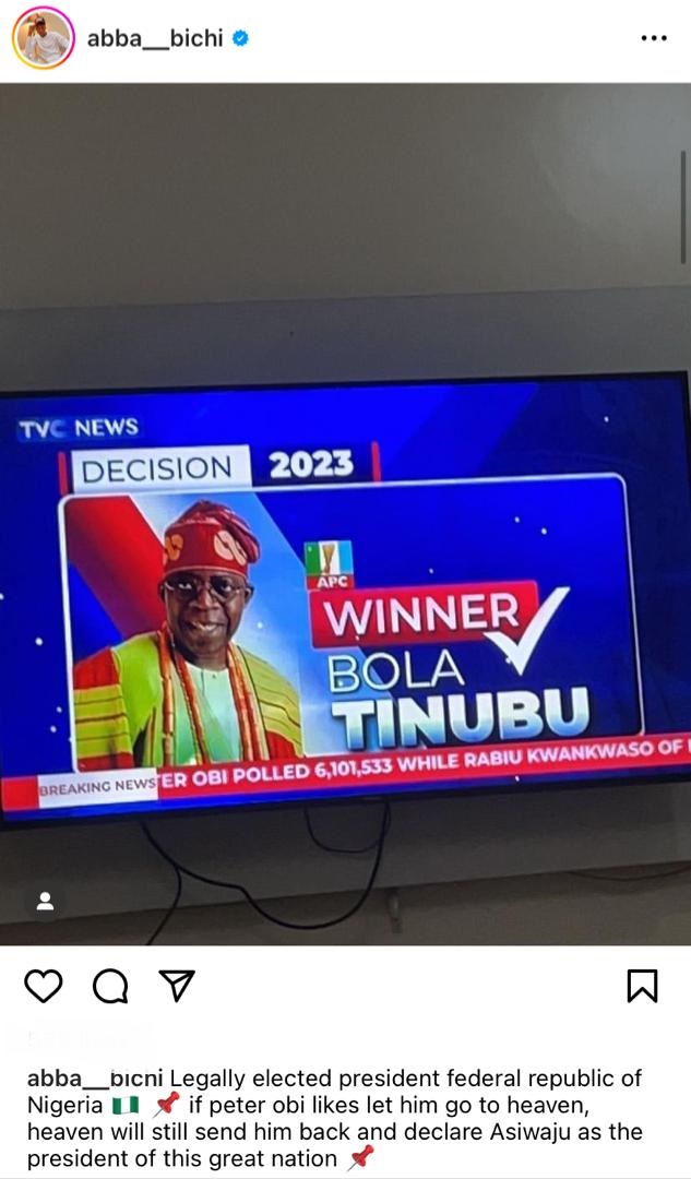 yabaleftonline's tweet photo. "If peter obi likes let him go to heaven, heaven will still send him back and declare Asiwaju as the president of this great nation" – DSS DG’s son, Abba Bichi writes https://t.co/hU0m4W7rPV