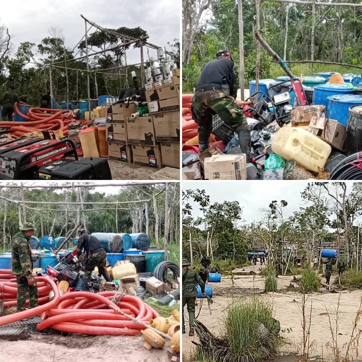 hljohan's tweet photo. En misiones de ejercicio de soberanía en el Cerro Autana URRA Barinas de la #FANB desmantela campamento de depredación ambiental, efectuando la destrucción del siguiente material logístico: 105 tambores con combustible (gasolina y diésel) con capacidad de 2020 litros, utilizados para el tráfico de combustible;
40 cajas de aceite SAE 20/50 de galón;
1200 metros de manguera de alta presión; rollos de mecate de 4500 metros; filtros de aire para motor; 2 moto bombas de 1/2 caballo de fuerza; 10 moto bombas de 20 HP; discos para bombas; 100 metros de alfombra para tramel de minería; 
13 inyectores para motor 6 cilindros;
20 picos de manguera de alta presión; 
20 pistones para motor; 
12 martillos tipo porras; 
50 rolineras para rodaje de vehículos; 
12 contenedores con diferentes tipos de combustible; 
9 turbinas para minería; 
 7 guías de 2 metros cada una con tuerca, 
3000 metros de tubo PVC; 
3000 metros de manguera de una pulgada, baterías de gel de 100 Amp; 
12 plantas eléctricas de 2500 vatios; correas de uso múltiple para motor de vehículo; saranda de metal para minería. Es un deber y un derecho ciudadano la protección del medio ambiente !