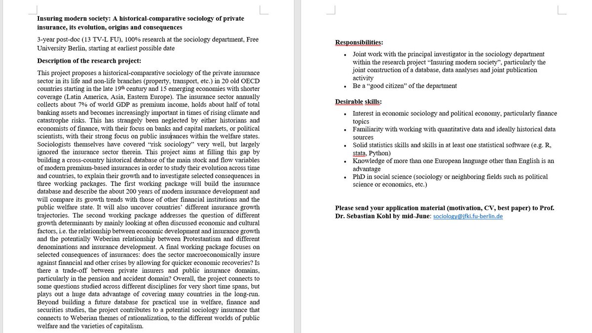 sebastianmkohl's tweet photo. 🚨For the DFG-funded grant "Insuring Modern Societies" at @FU_Berlin I am hiring a 3-year post-doc position (100% research). Let's study the political economy/economic sociology of private insurance together! We are a young team and it's Berlin👇 https://t.co/AiOmQS8wIC