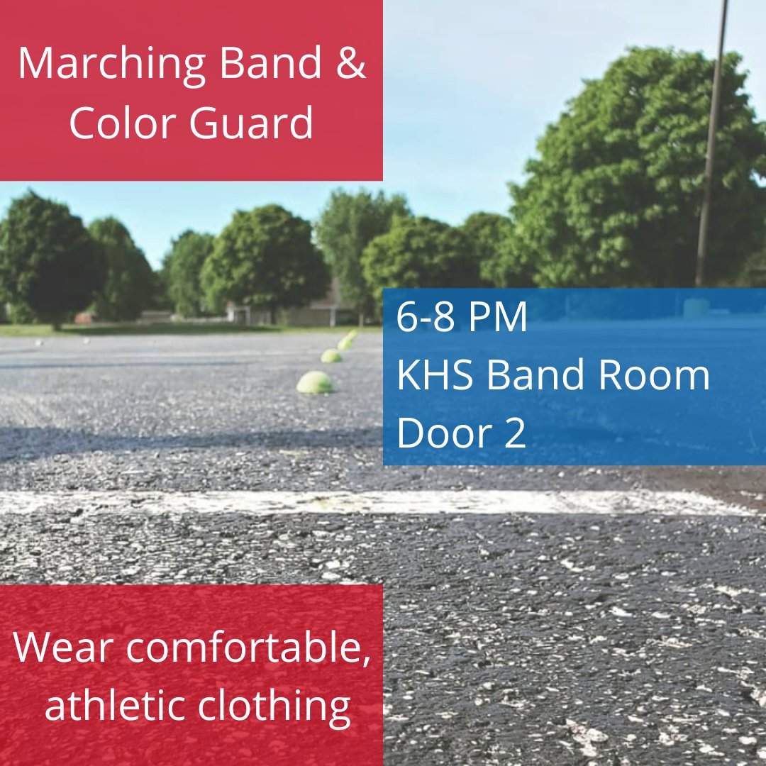 Marching band continues TONIGHT from 6-8pm at KHS (Door 2). Don't let the weather scare you away - if it's raining, we will stay dry inside ☔️
Missed us on Thursday but still want to join? Come see us tonight - it's not too late!