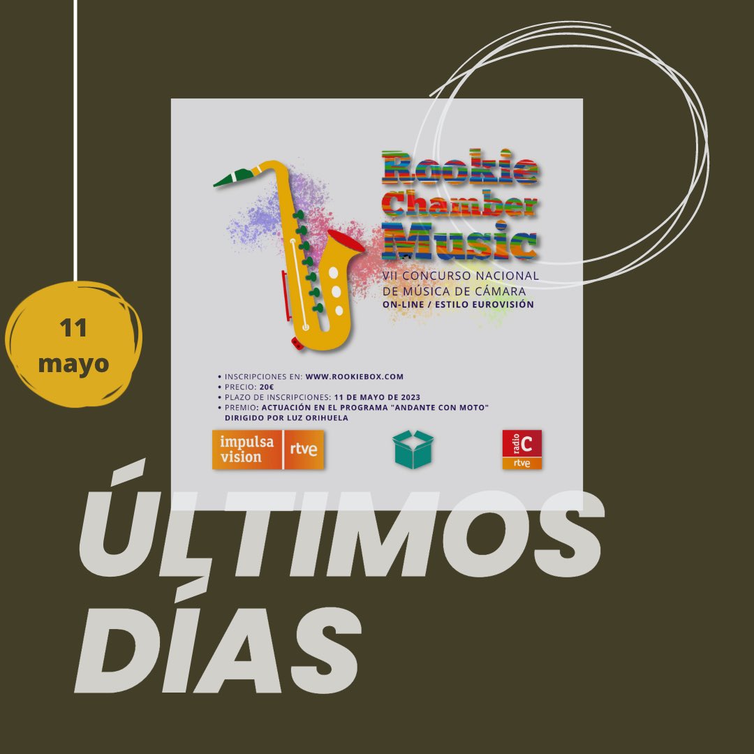 ⭕️⭕️Últimos días⭕️⭕️

El próximo 11 de mayo se cierra el plazo para presentar vuestros trabajos al VII Concurso Nacional de Música de Cámara.

Podrás optar a participar en una actuación en el programa “Andante con moto” dirigido por @Luz_Orihuela en <a href="/radioclasica/">Radio Clásica</a>