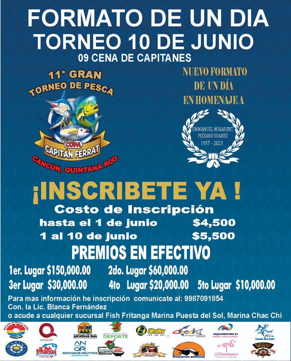CancunPesca's tweet photo. Torneo de pesca “ Copa Capitán Ferrat” 
En homenaje a Emanuel Mirabent Pizzaro Suarez  “Manolo” @VivoEnCancun https://t.co/f3WYdAusYW