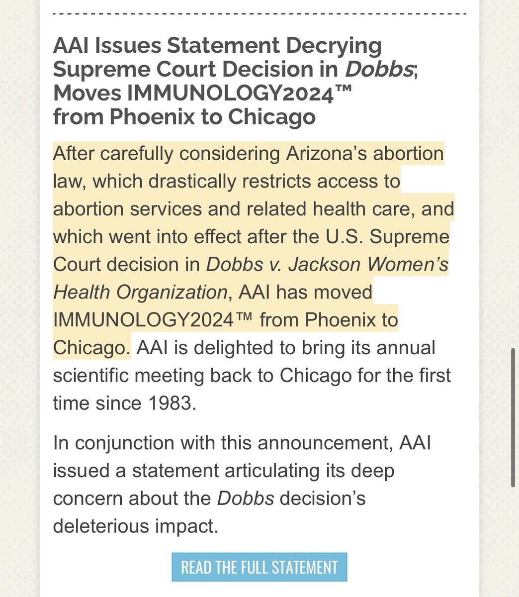 If you needed one more reason to regret not being an immunologist - The American Association of Immunologist MOVED  #Immunology2024 from Phoenix to Chicago in response to Arizona’s Abortion Law. 
🙏🏻 @ImmunologyAAI leaders/members!! 
Let’s all be #LikeAAI  
aai.org/AAISite/media/…