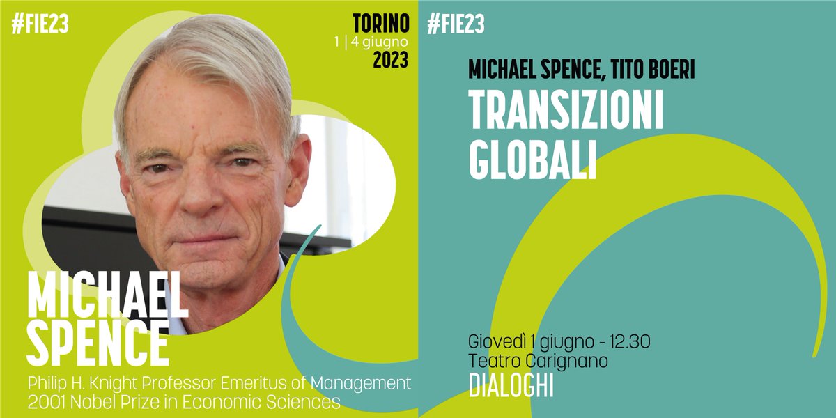 Michael Spence, Nobel per l'Economia nel 2001, e <a href="/Tboeri/">Tito Boeri</a> , direttore scientifico del #FIE23, dialogheranno di "Transizioni globali" il 1 giugno alle ore 12.30 al Teatro Carignano.

festivalinternazionaledelleconomia.com

🌍Ripensare la globalizzazione
📍Torino 1-4 giugno 2023

#michaelspence