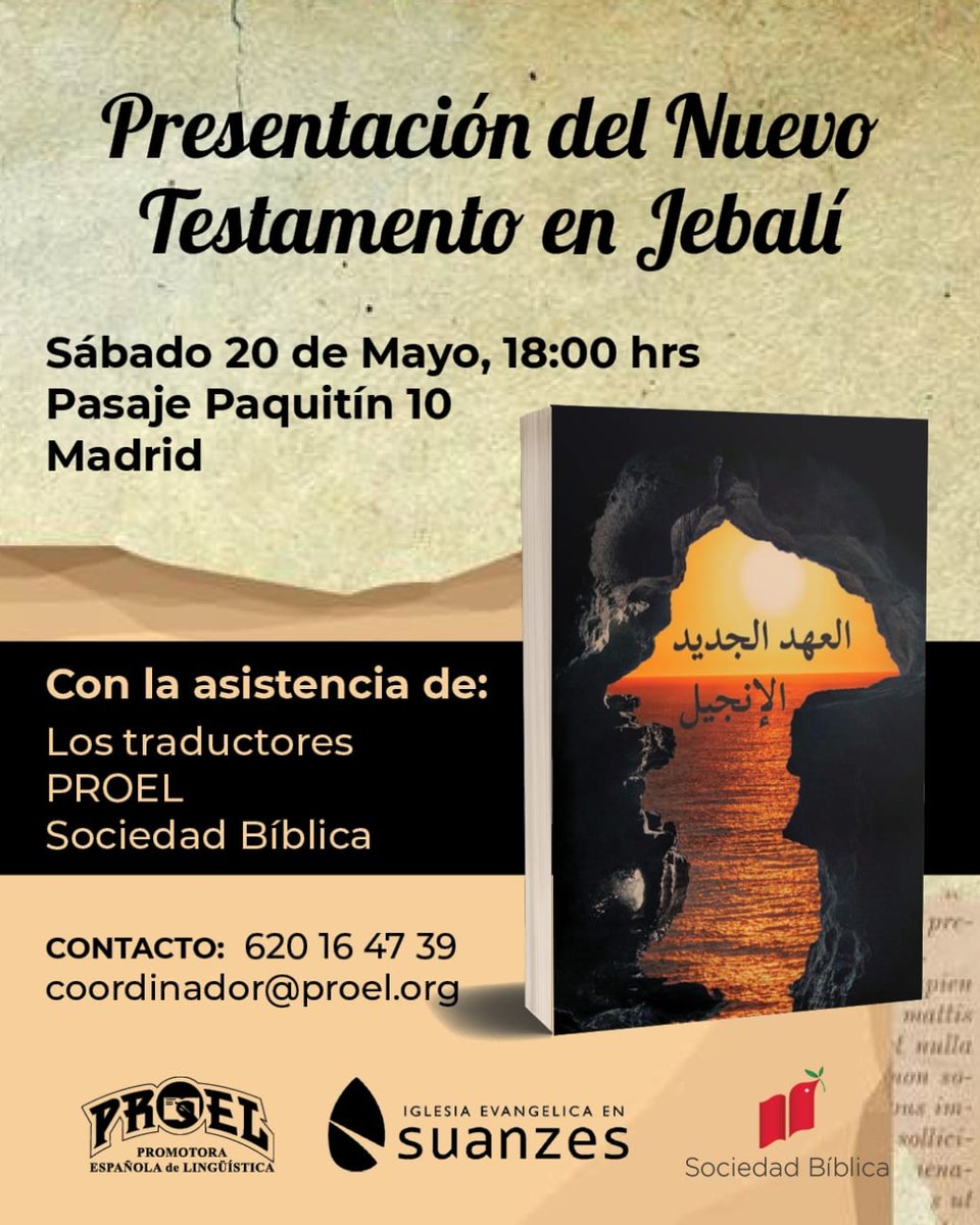sdadbiblica's tweet image. 🗓️ El sábado 20 de Mayo a las 18:00hrs, en la Iglesia Evangélica de Suanzes (Madrid) 𝘗𝘙𝘖𝘌𝘓 y 𝘚𝘖𝘊𝘐𝘌𝘋𝘈𝘋 𝘉𝘐𝘉𝘓𝘐𝘊𝘈 presentaremos el 𝐍𝐓 𝐉𝐞𝐛𝐚𝐥í.

¡Os esperamos!

#SociedadBiblica #Proel #EspañaparaCristo #evangelismoespaña #TraducciondelaBiblia