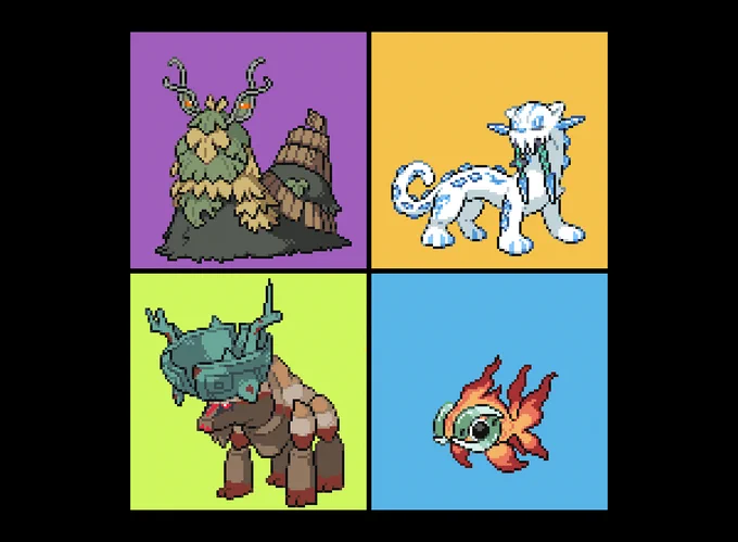 #pixelart #ドット絵 #ポケモンSV #PokemonScarletViolet チオンジェン・パオジアン・ディンルー・イーユイ。 四災。今作の準伝枠。 杭を探す過程で普通に旅してるだけでは気づけなかった場所に行けたのが面白かった。