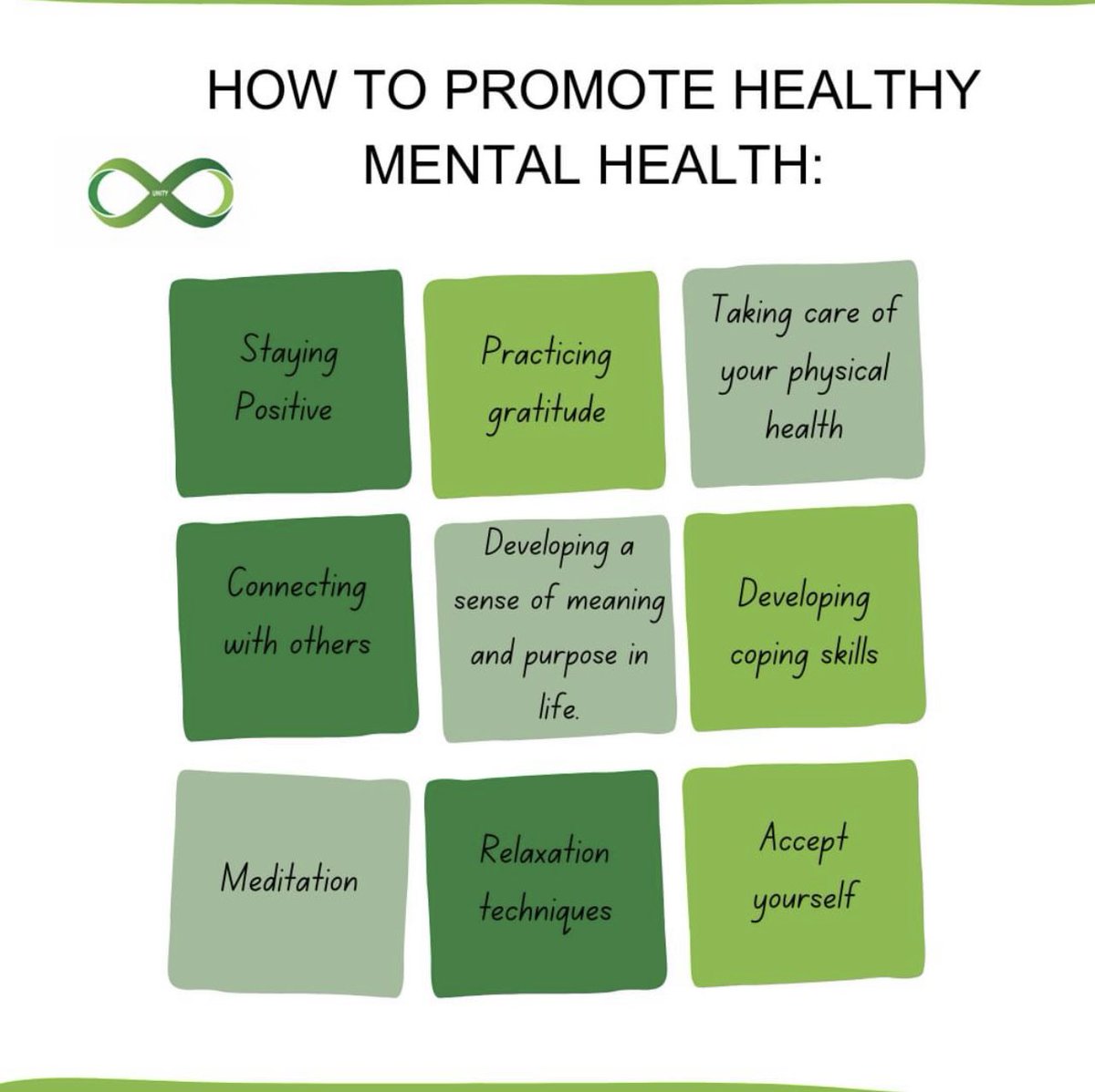 UnityBandsOrg's tweet image. There are many different things you can do to improve your mental health. Here are a few ways that may help! #mentalhealth #mentalwellness #mentalhealthmatters #mentalhealthawarenessmonth #mentalhealthawareness