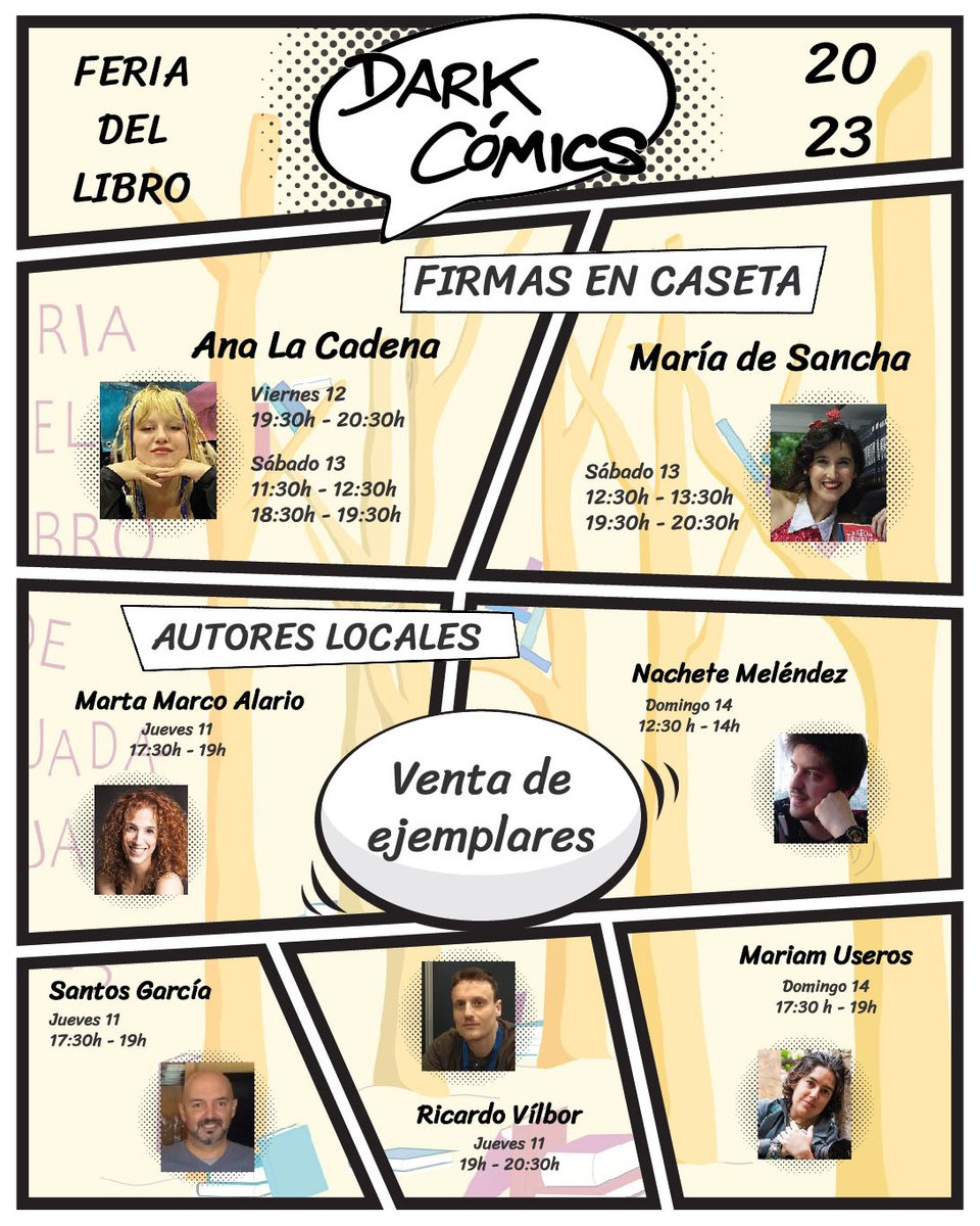 Estos días volvemos a estar de celebración, porque esta semana estaremos en la Feria del libro de Guadalajara y nos vamos a rodear, no sólo de palabras y de imágenes... si no también de quienes las escriben y dibujan. 

Este es nuestro cartel de firmas para la ocasión...