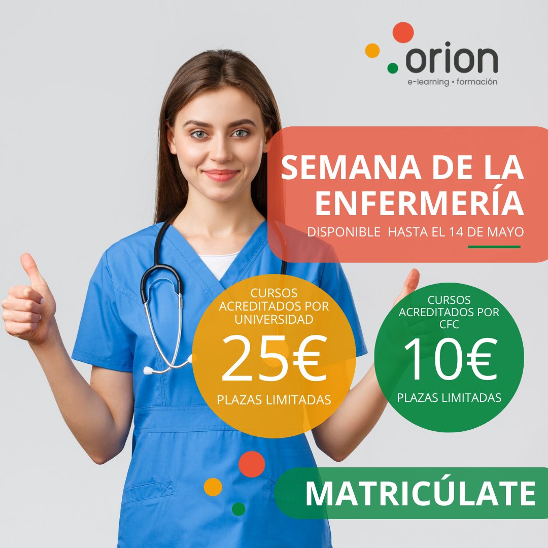 ¡Celebremos juntos la Semana de la Enfermería! 📷📷 
Matricúlate ya 📷📷
orionformacion.com/categoria/1141…
#SemanaDeLaEnfermería #Enfermería #DescuentosEspeciales #Agradecimiento #Salud #cuidadodelasalud