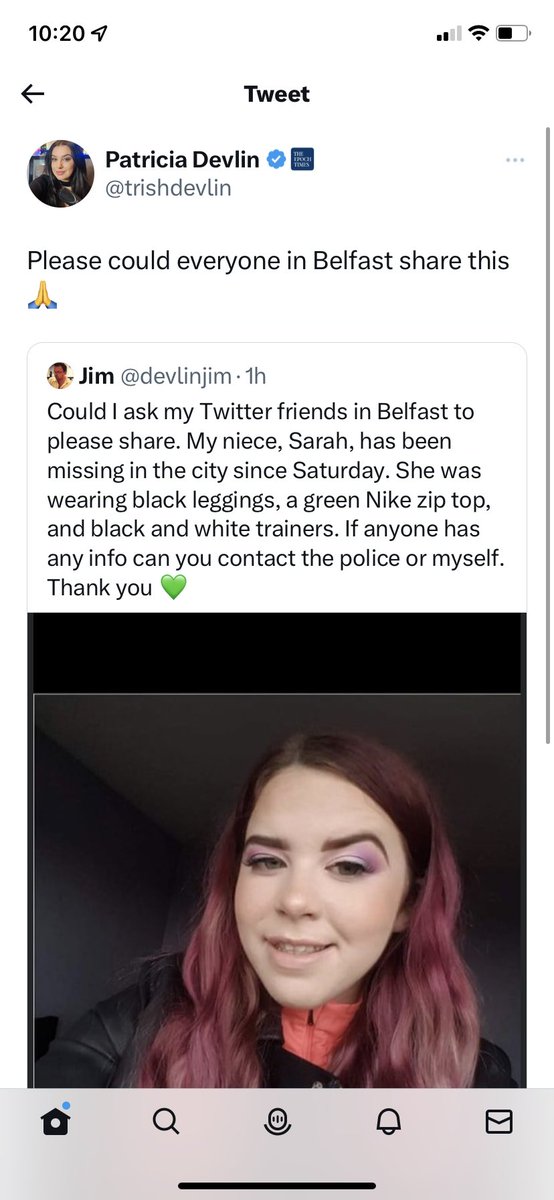 News Update:
Sarah has been found. Someone spotted her and alerted the police. She is safe and now with her Mum.
Sarah’s entire family would like to thank everyone for sharing the posts, your best wishes and kindness. Everyone is so relieved. 
I’m overwhelmed by your support  💚