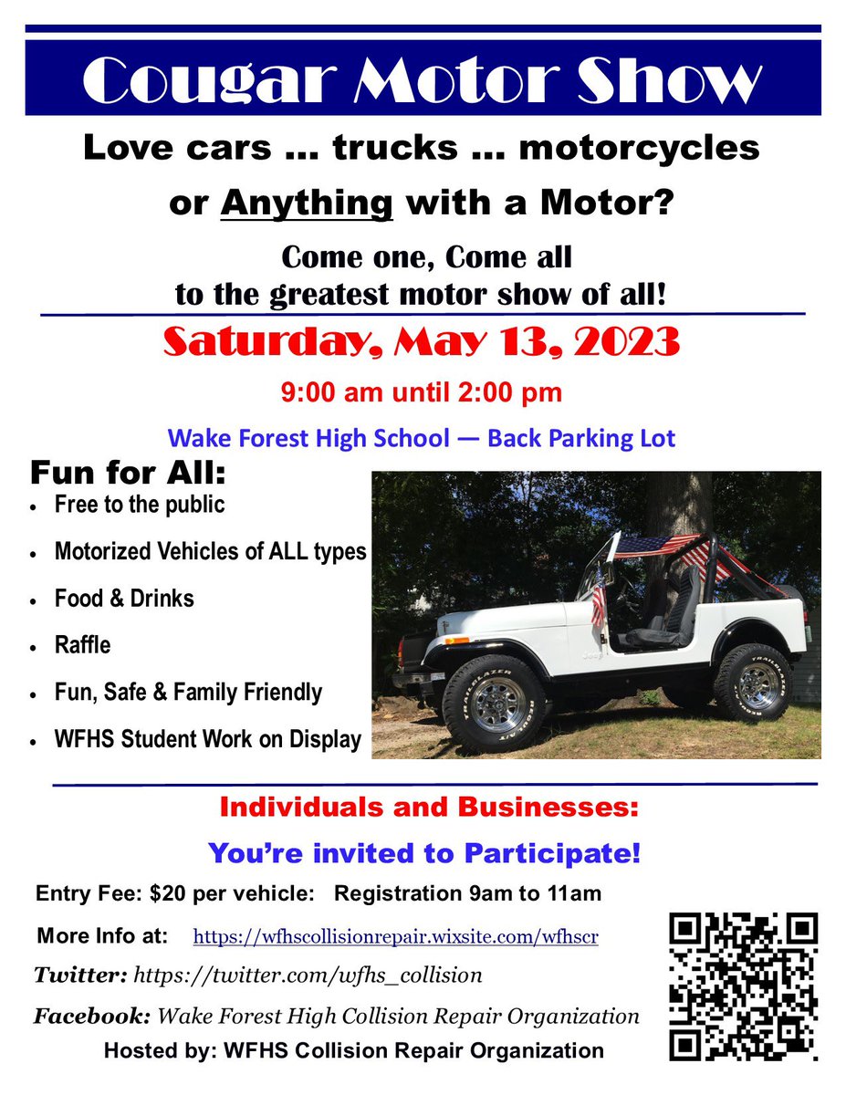 The Cougar Motor Show is just five days away!!  Wake Forest High School in the back parking lot. 420 W Stadium Drive, Wake Forest. We will have the shop open, amazing vehicles, food, and raffle prizes. It will be a great day!!