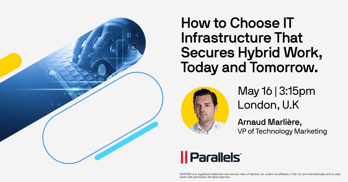 parallels's tweet image. Headed to #GartnerDW? Don’t miss Arnaud Marliere, @helloalludo’s VP of Marketing Technology, in his session on “How to Choose IT Infrastructure That Secures Hybrid Work, Today and Tomorrow.” Join us May 16 at 15:15, Arora 5! allu.do/42B4RLG