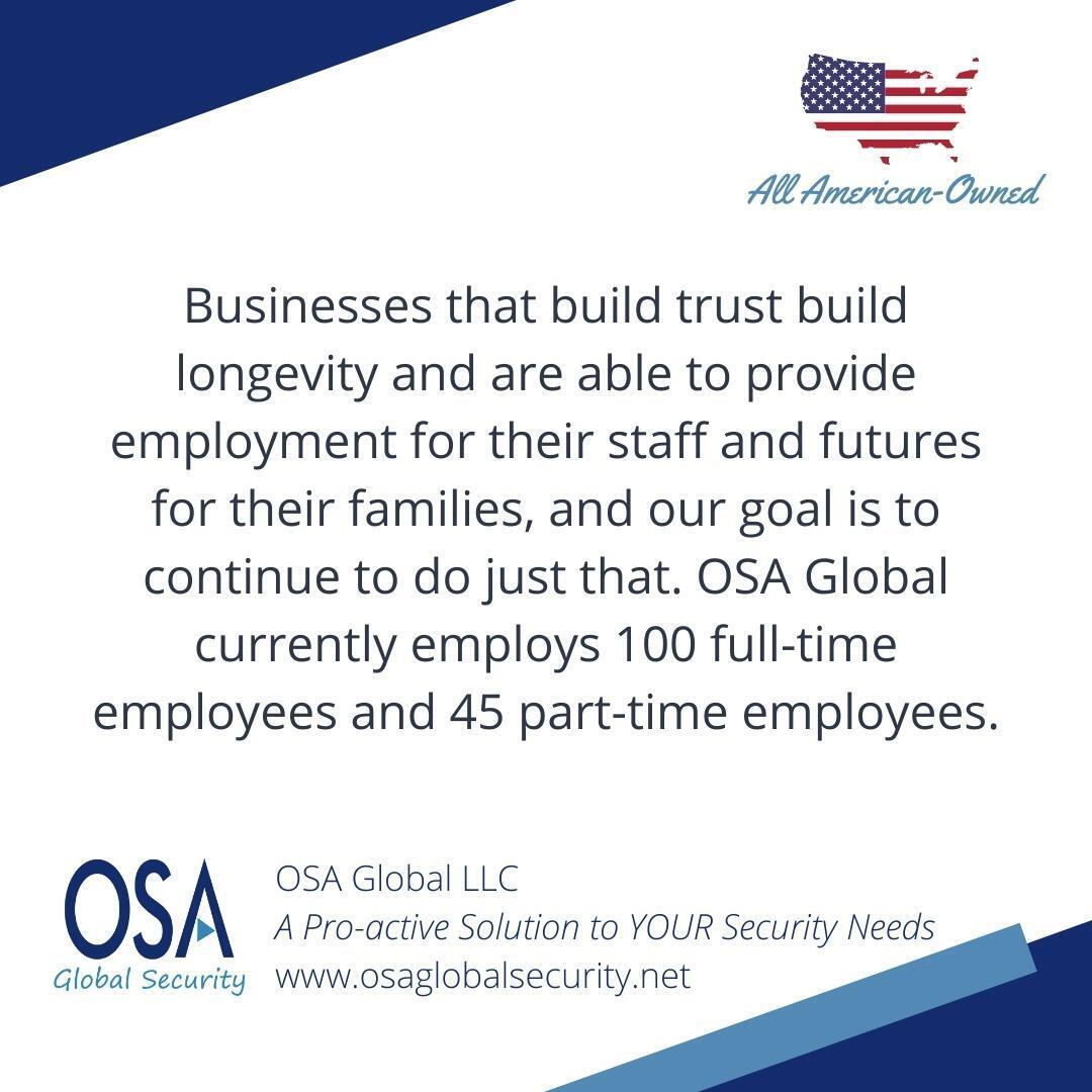 OsaGlobal's tweet photo. OSA Global currently employs 100 full-time employees and 45 part-time employees.

#SecurityGuard #SecurityGuards #SecurityGuardServices #SecurityGuardJobs #SecurityGuardTraining #Bradenton #BradentonBusiness #ShopLocalBradenton https://t.co/sQIpbNoPvO