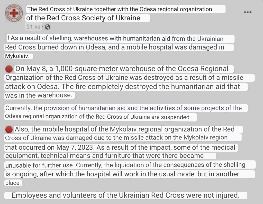 AndrewPerpetua's tweet photo. Remember all night and morning the Russians were bragging about how they blew up a warehouse in Odesa?  That they “destroyed all the NATO equipment.” It was a red cross. https://t.co/7BICMKuPyP