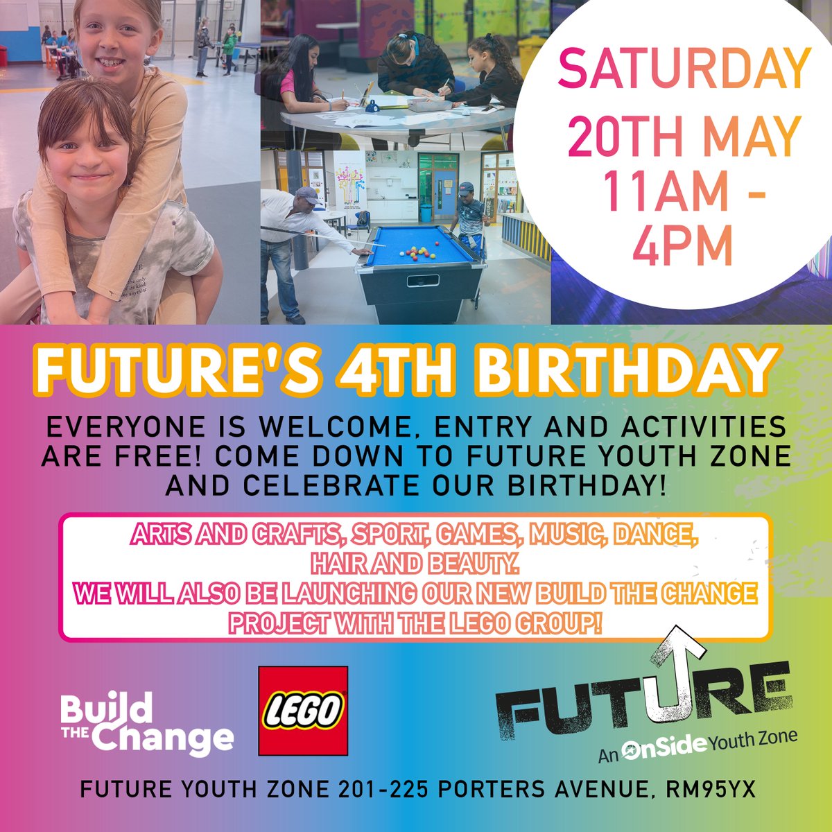 Future is turning 4 🥳 Come down and celebrate with us! 💙 📍Future Youth Zone, 20 May 11am-4pm, FREE ENTRY! 🌟 ARTS AND CRAFTS 🌟 SPORTS 🌟 PARTY GAMES 🌟 UR CARE with @elevateherUK 🌟 BUILD THE CHANGE PROJECT LAUNCH WITH the @LEGO_Group group
