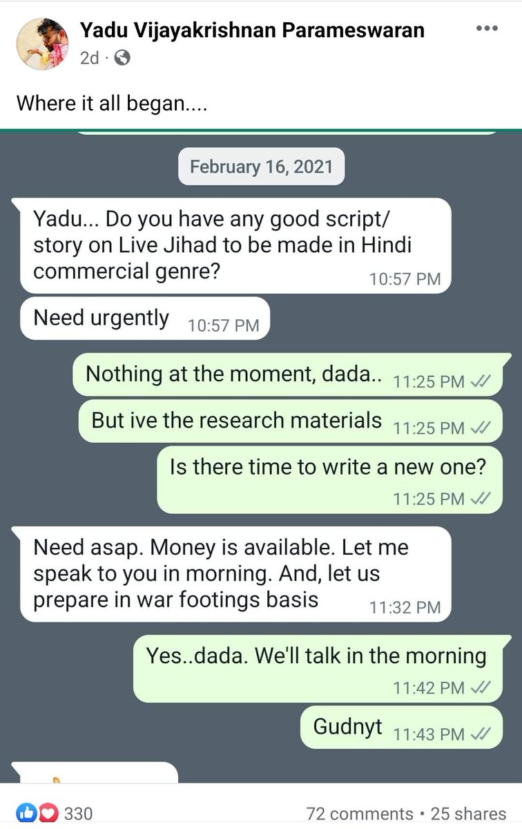 RahulSeeker's tweet photo. WhatsApp chat between scriptwriter @YaduVJkrishnan of Kerala Story &amp; @sudiptoSENtlm. 

He has uploaded in his FB wid caption, "Where it all began". 

Read &amp; identify these Vu!TxRs, can go to any extent to spread h@te &amp; fear for MONEY without thinking about the consequences. https://t.co/VlBLkVEDgt