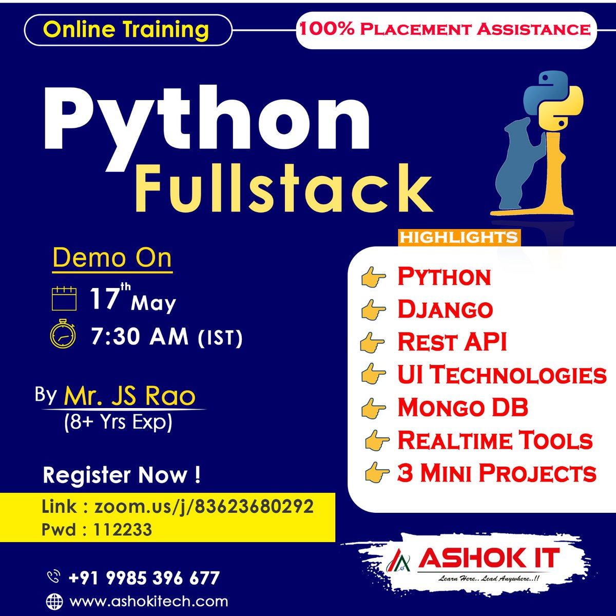 ashokitschool's tweet image. 📷 Python Fullstack 📷
📷 Enroll Now : bit.ly/42RktuX
📷 Free Demo On 17th-May @ 07:30 AM IST
📷 Visit : ashokitech.com
CALL NOW: +919985396677
#PythonOnlineCourse #PythonOnlineTraining #Pythontraininginhyderabad #Pythoncourseinhyderabad #PythonDeveloperCourse