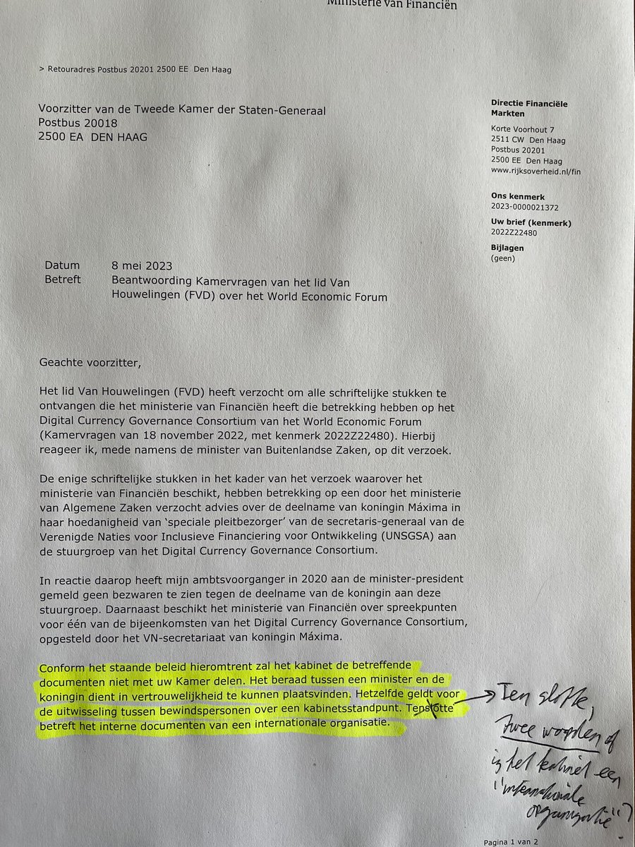 PvanHouwelingen's tweet photo. Niet te geloven na een half jaar (!) wachten (terwijl Kamervragen in UITERLIJK zes weken beantwoord moeten worden) WEIGERT het kabinet om ook maar EEN document over het WEF “Digital Currency Governance Consortium” naar de Kamer te sturen o.a. omdat de koningin erbij betrokken is. https://t.co/DnCrBbv7QV