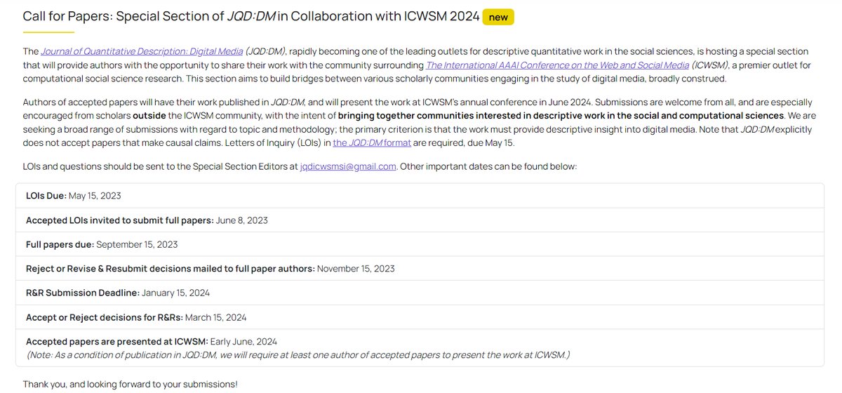 K0k!l J (@feedkoko) on Twitter photo One week left for the 1st deadline to <a href="/icwsm/">ICWSM</a>'s first-ever JOURNAL SPECIAL ISSUE
with <a href="/journalqd/">Journal of Quantitative Description: Digital Media</a>: Kevin Munger, <a href="/andyguess/">Andy Guess</a> <a href="/eszter/">Eszter Hargittai 😷💉🌻</a>
Issue Eds <a href="/jasonjones_jjj/">Jason Jeffrey Jones</a> <a href="/Shugars/">Sarah Shugars</a> <a href="/yinizhang2011/">Yini Zhang</a>!
CFP: icwsm.org/2023/index.htm…
<a href="/ica_cm/">ICA Comp Methods</a> <a href="/IC2S2/">IC2S2</a> #computationalsocialscience #CSS
Submit now! One week left for the 1st deadline to <a href="/icwsm/">ICWSM</a>'s first-ever JOURNAL SPECIAL ISSUE
with <a href="/journalqd/">Journal of Quantitative Description: Digital Media</a>: Kevin Munger, <a href="/andyguess/">Andy Guess</a> <a href="/eszter/">Eszter Hargittai 😷💉🌻</a>
Issue Eds <a href="/jasonjones_jjj/">Jason Jeffrey Jones</a> <a href="/Shugars/">Sarah Shugars</a> <a href="/yinizhang2011/">Yini Zhang</a>!
CFP: icwsm.org/2023/index.htm…
<a href="/ica_cm/">ICA Comp Methods</a> <a href="/IC2S2/">IC2S2</a> #computationalsocialscience #CSS
Submit now!