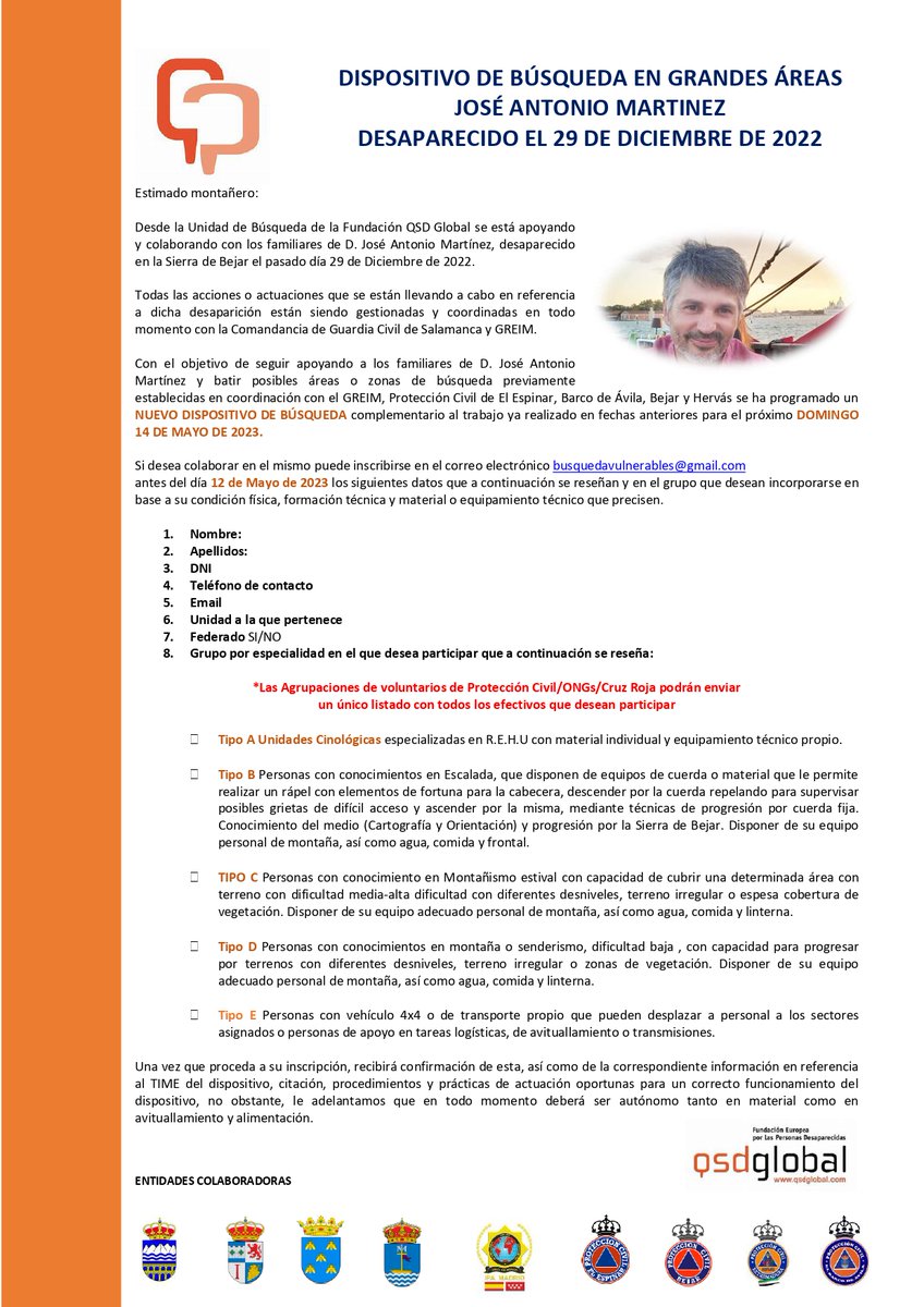 El próximo domingo 14 de mayo se ha programado un dispositivo de búsqueda de José Antonio Martínez, desaparecido en la Sierra de #Bejar el pasado día 29 de diciembre de 2022 ⚠

A continuación se detalla la información para colaborar 👇