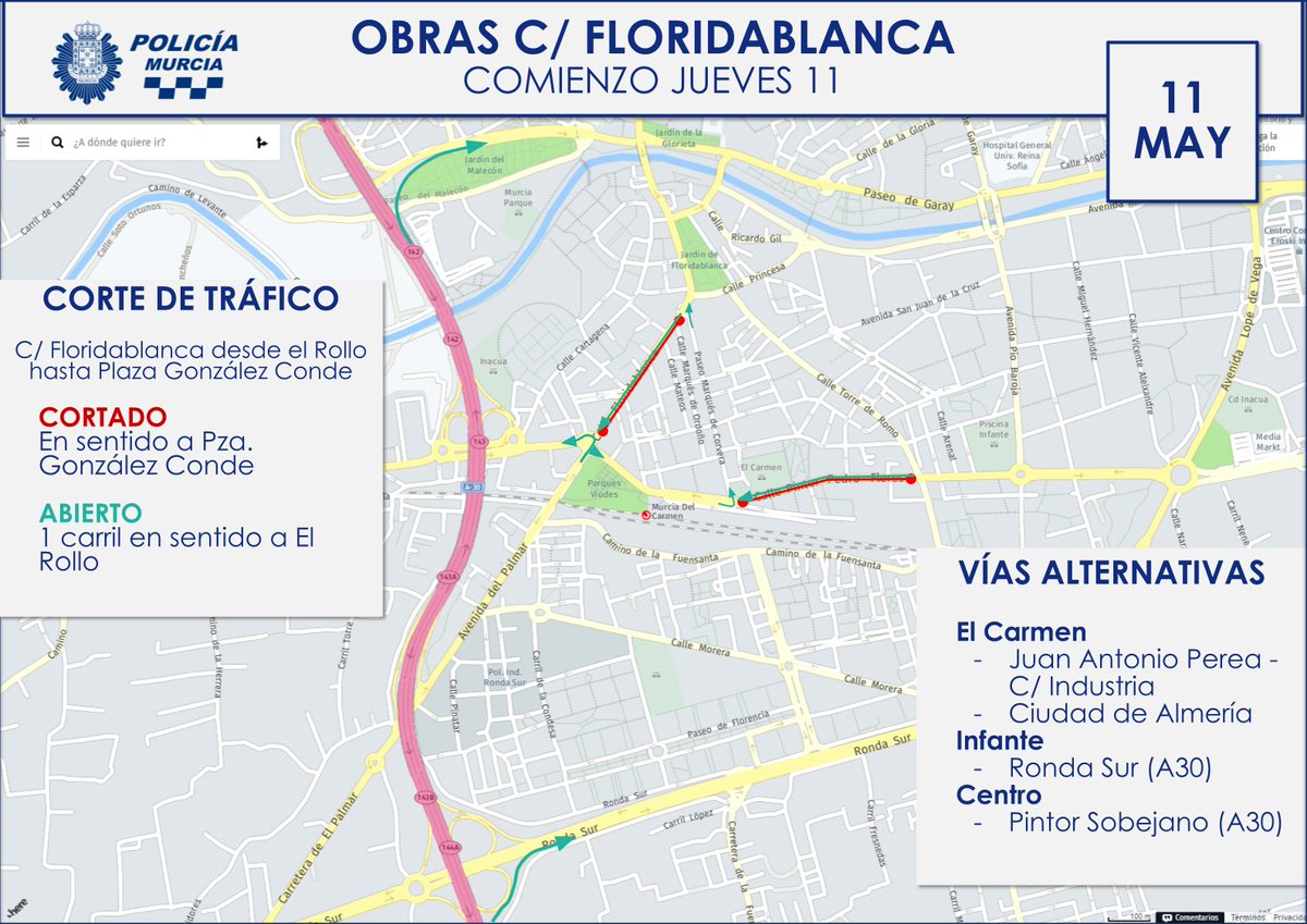 MurciaPolicia's tweet photo. 🚨 ATENCIÓN 🚨 A partir del jueves 11 de mayo se cortará el tráfico en C/ Floridablanca dirección C/ Hermanos Cerón. 
Por favor, utilice vías alternativas para evitar retrasos⤵️ https://t.co/DOBax7Wz4h