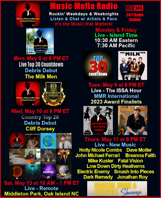 MusicMafiaRadio's tweet photo. This week on MMR 🎵
 #IslandTime Mon &amp; Fri 10:30am 
M 8pm ET - Top 30 #DebrisDebut @The_Milk_Men 
T 8pm - The #ISSAHour Finalists! 
W 8pm - Country Top20 #Debut #CliffDorsey
Th 8pm - New Music! 
Sat - 10-1pm Live Remote MiddletonPark Oak Island NC
🎧▶️https://t.co/mcXzFt2l3F<▶️ https://t.co/tcC7x4V2lz