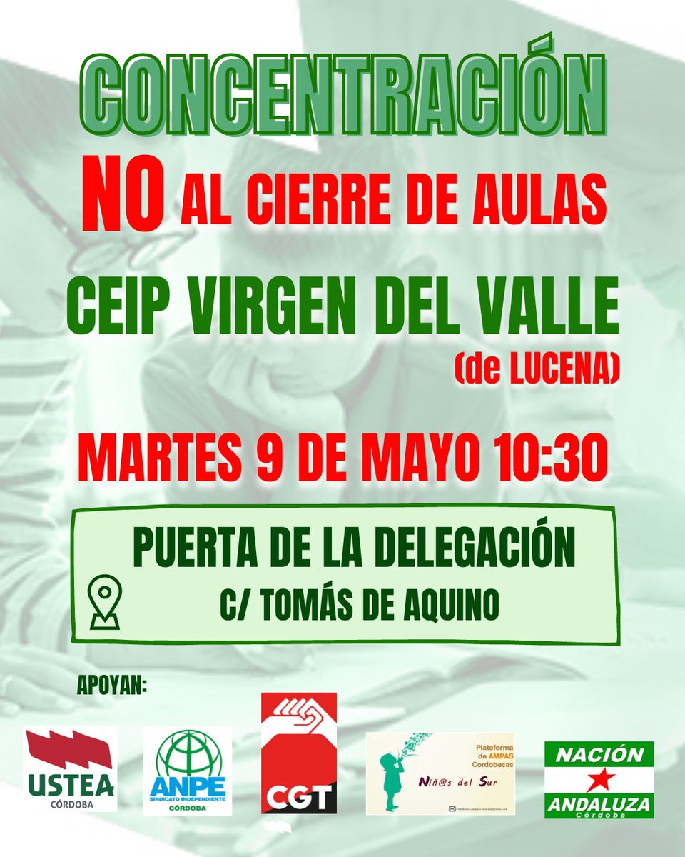 ustea_cordoba's tweet photo. 📢Seguimos en lucha, junto a la comunidad educativa delCEIP Virgen del Valle de #Lucena

Y Junto a otras organizaciones  

❌contra el recorte de clases públicas
✅en defensa de nuestros colegios, nuestros barrios y la #EducaciónPública

#NiUnAulaMenosEnLaPública #BajadaDeRatioYa https://t.co/UM6bnN9xvi