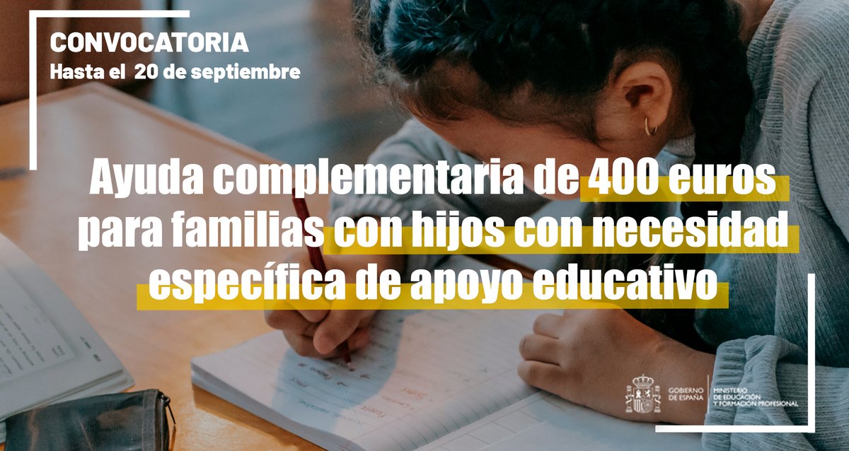 🟢Recuerda que puedes solicitar la ayuda complementaria de 400 euros para alumnado con necesidades específicas de apoyo educativo.

¡Hasta el 20 de septiembre!⤵️
becaseducacion.gob.es/portada.html