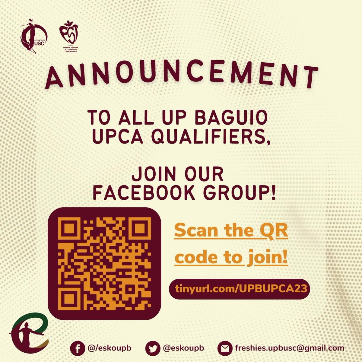 eskoupb's tweet photo. 📣CALLING ALL UP BAGUIO UPCA 2023 QUALIFIERS!📣

The UPB USC is looking for you! Yes, YOU! 

If you qualified for UP Baguio in the recent University of the Philippines College Admission (UPCA) 2023, this is your call to join the UP Baguio UPCA ‘23 Facebook Group! 

#UPCA23 https://t.co/JFkfFT4C6M