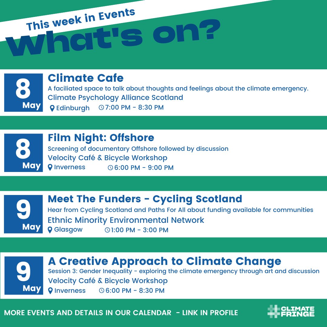 ClimateFringe's tweet image. What's On!🌱

Plenty of amazing events across Scotland this week. Make sure to check them out!

#whatsonscotland #ClimateEmergency #climateevents #climateeventsscotland #climateventsonline