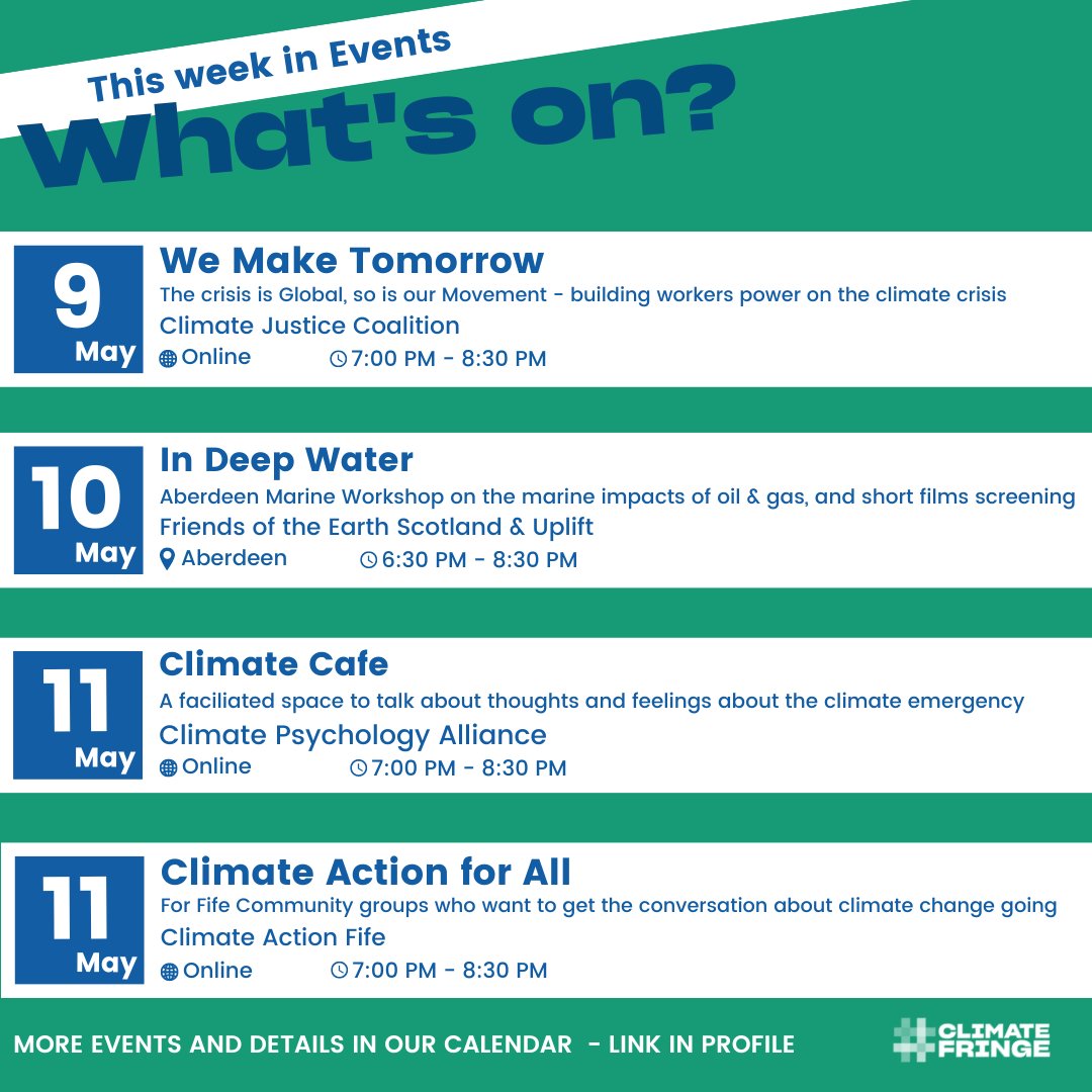 ClimateFringe's tweet image. What's On!🌱

Plenty of amazing events across Scotland this week. Make sure to check them out!

#whatsonscotland #ClimateEmergency #climateevents #climateeventsscotland #climateventsonline
