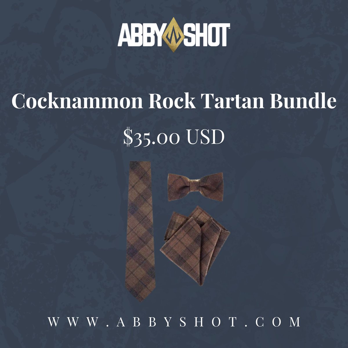 We believe that every gentleman should own at least one Outlander neck tie, one bowtie and one pocket square to add a bit o’ class to yer sass! 👔

Only 3 Cocknammon Rock Tartan Bundles Left In Stock! (Shipping from the US only) 

abbyshot.com/products/cockn…