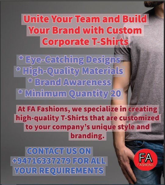 Looking for a Way to Unite Your Team and Promote your Brand?

Contact us for Your Custom Corporate T-Shirt Requirements on +94716337279

#corporate #branding #tshirts #embroidery #screenprinting #sublimation #highquality #customizedtshirt #company #brandawareness #fafashionslk