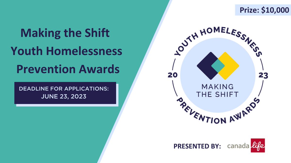 There’s incredible work happening across #Canada to #prevent #YouthHomelessness!

We’re pleased to announce the launch of the Making the Shift Youth Homelessness Prevention Awards 2023. Click here for more information: bit.ly/446W0Db

#research #MtSAwards