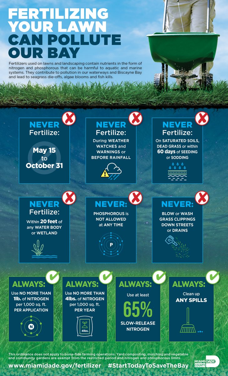 #FertilizerAwarenessWeek begins!
Did you know that the excess of nutrients in our waterways, such as those found in fertilizers, affects the health of our bay? That’s why #OurCounty’s fertilizer ordinance restricts their use. Read about the restrictions: miamidade.gov/fertilizer