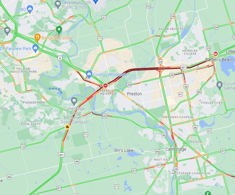 CClark570's tweet photo. MAJOR issues on the 401 through Kitchener/Cambridge this morning (8 a.m.).   

We have a crash EB 401 at Townline Road blocking two  left lanes.  

Another crash has the WB 401 CLOSED at HWY 8

Details: @570CityNews
LL: https://t.co/mfTaXSZmP7 https://t.co/z4mtCxeNqU