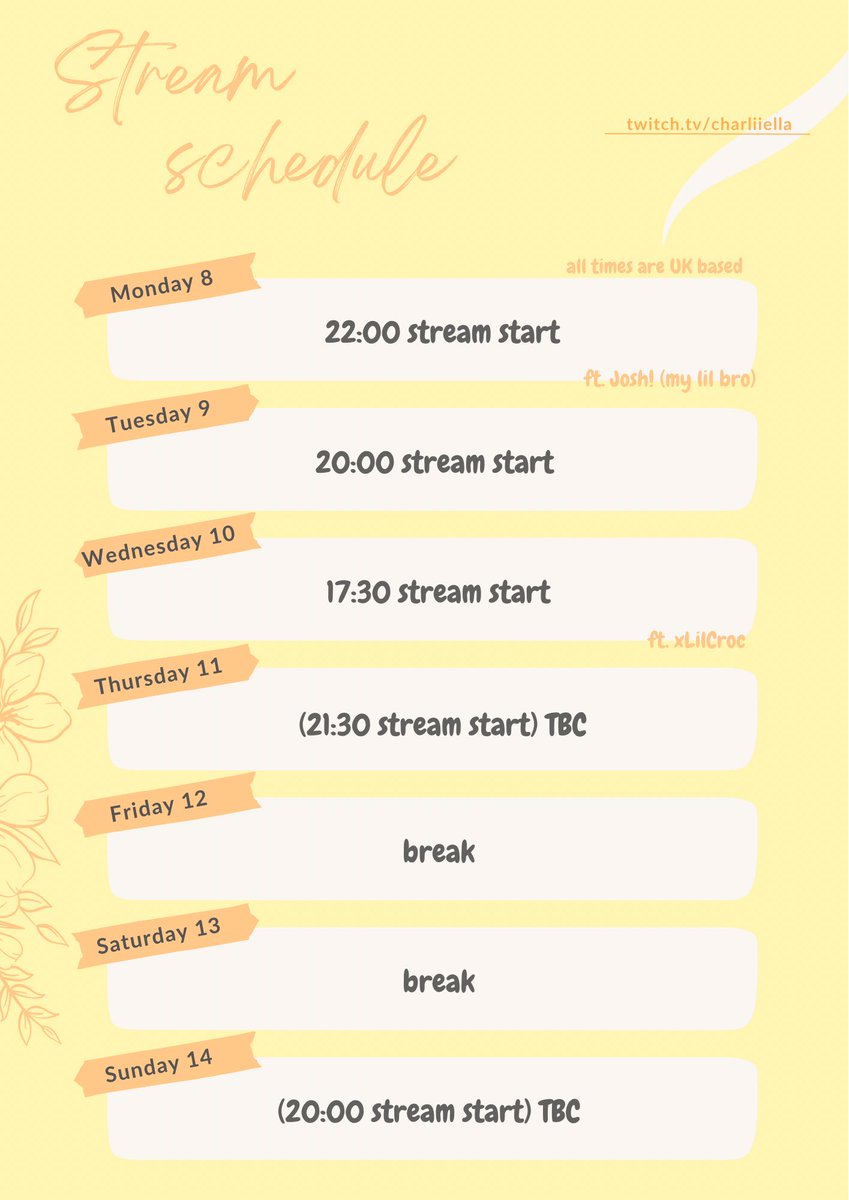 New week new stream schedule!! 🤍
All on twitch.tv/charliiella
Times are a little all over the place as I have irl plans but I’m excited to be back!!