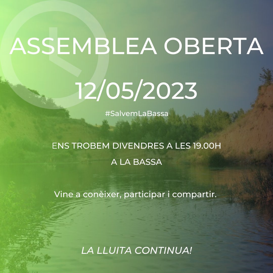 SalvemLaBassa's tweet photo. Bon dia! 🍃
Després d'aquestes setmanes de lluita i dedicació, ens trobem divendres per valorar com estem i cap a on anem. Vine a compartir la teva opinió.
#SalvemLaBassa https://t.co/Q3z70wC6mp