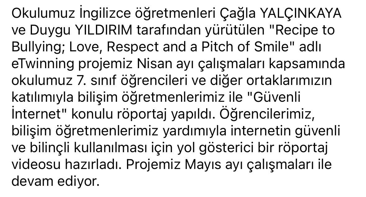 "Recipe to Bullying; Love, Respect and a Pitch of Smile" adlı eTwinning projemiz Nisan ayı ortak ürün çalışmasını tamamladı. <a href="/eTwinningDestek/">eTwinning Projects Dissemination</a> <a href="/tretwinning/">eTwinning Türkiye</a> <a href="/IzmirEtwinning/">eTwinning İzmir</a> <a href="/35aliaga_MEM/">Aliağa ilçe M.E.M</a> 

youtube.com/watch?v=Pzz4zn…
