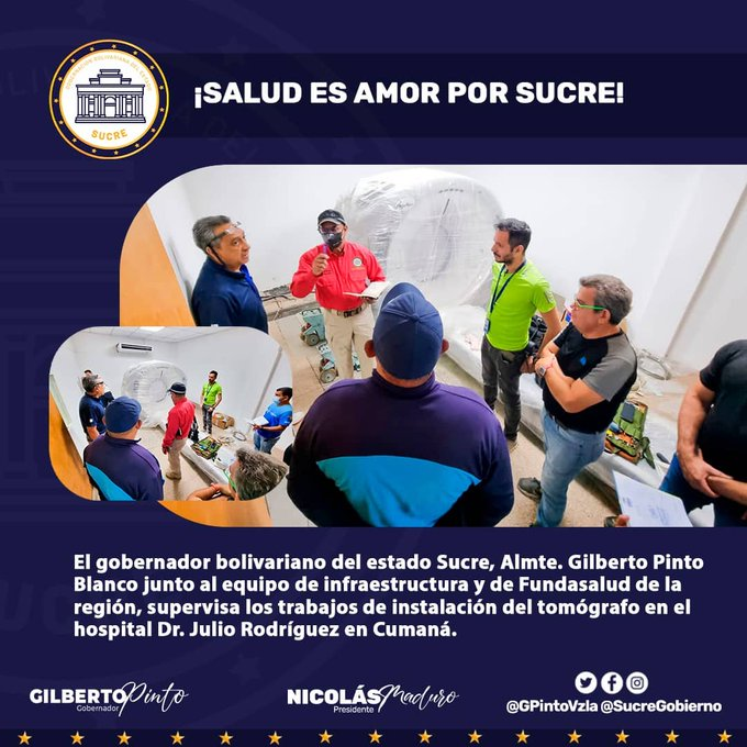 Tras 10 años sin tomógrafo disponible en la red hospitalaria de Sucre, Gobernador @GPintoVzla
con apoyo del Pdte <a href="/NicolasMaduro/">Nicolás Maduro</a> logró la obtención de un nuevo tomógrafo que será puesto al servicio de los sucrenses
#SucreSeResteaConNicolás #ConMaduroMásCerca