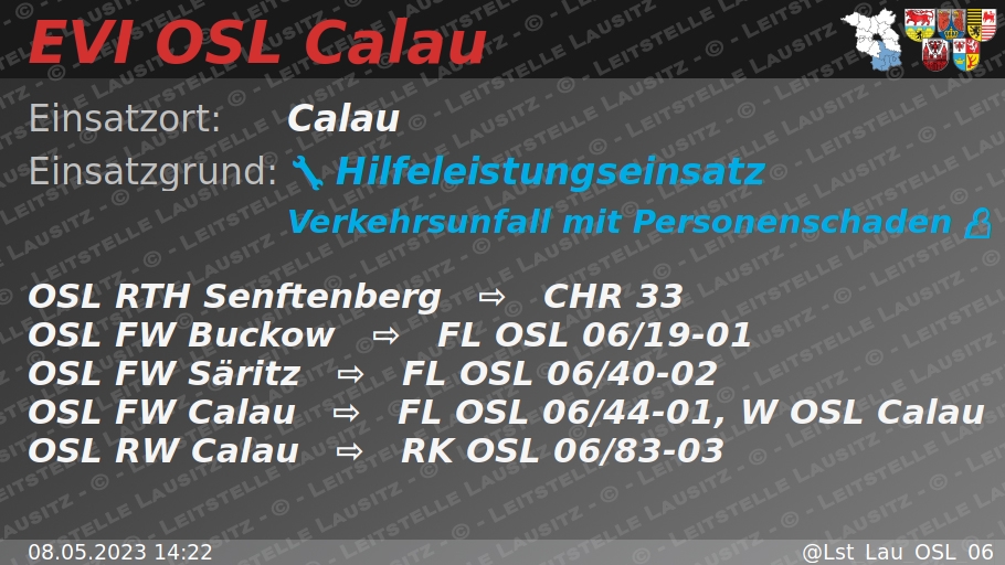 Lst_Lau_OSL_06's tweet photo. 🚨 08.05.2023 14:22 💥 👤 H:Verkehrsunfall-mit-P 🌐 Calau 🚒 ⇨ FW Buckow, FW Säritz, FW Calau https://t.co/vWGqWGF7c4 https://t.co/a3eiVyDj7y