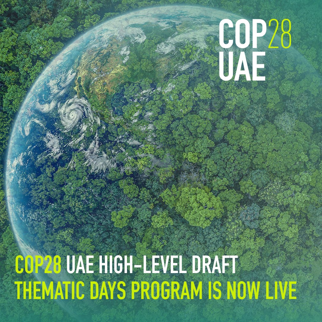 📣: The #COP28UAE high-level draft thematic days program is now live!

This outlines the potential themes for each day of COP28, to be held across both the 🔵 &amp; 🟢 Zones.

All stakeholders are welcome to share their feedback on this draft by 28 May.
🔗: cop28.com/en/draft-thema…