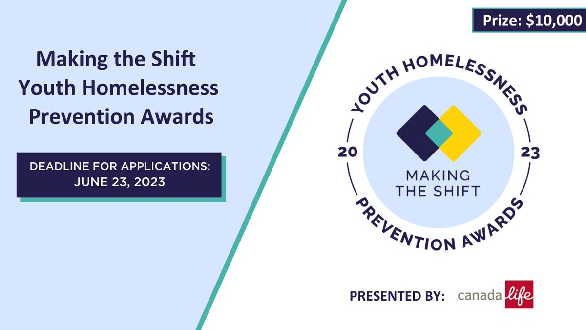 We’re pleased to announce the launch of the Making the Shift Youth Homelessness Prevention Awards 2023. This award was created to celebrate the important work Canadian organizations & collaborations are doing to prevent #YouthHomelessness in Canada: bit.ly/3phn2Yw