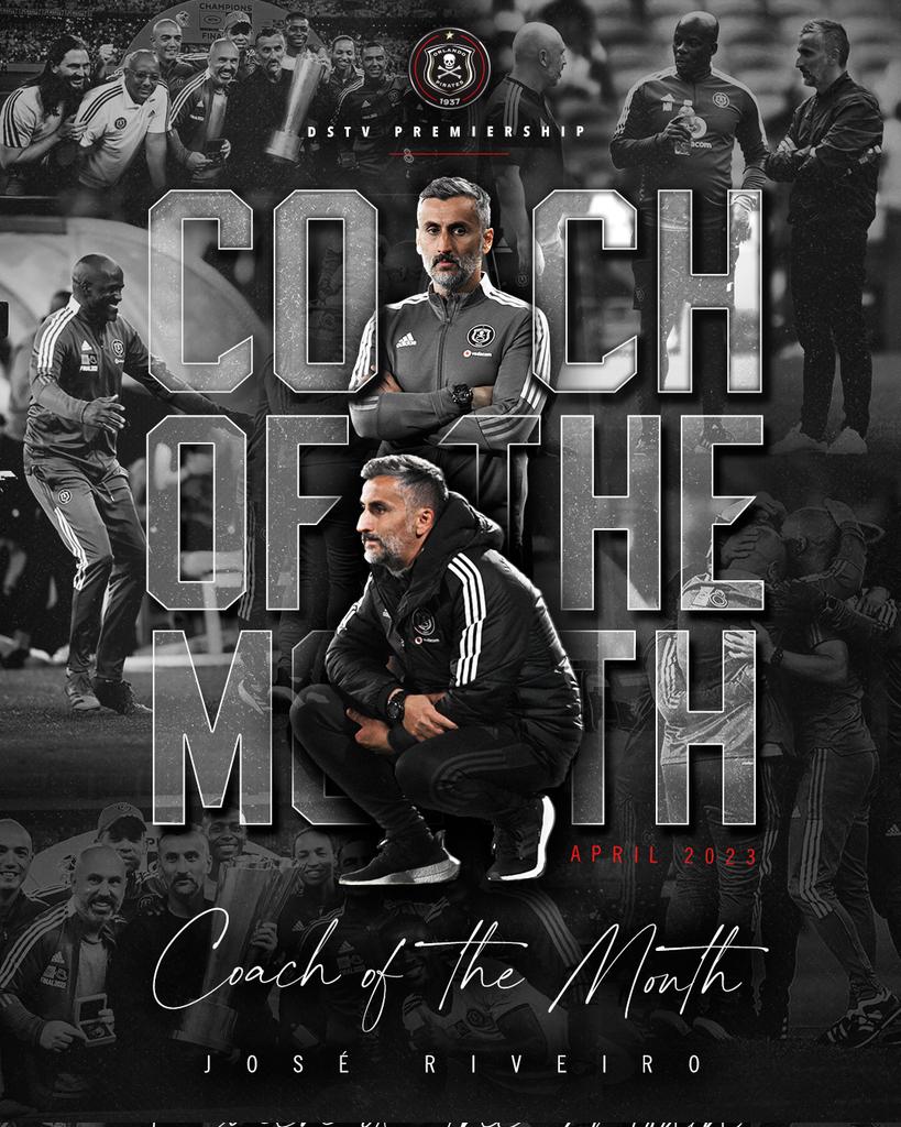 ☠️ 👑 𝗖𝗢𝗔𝗖𝗛 𝗢𝗙 𝗧𝗛𝗘 𝗠𝗢𝗡𝗧𝗛 👑 📢 Congratulations to our Head Coach @CoachRiveiro for being crowned the April 2023 #DStvPrem Coach of the Month! 🏴‍☠️🫡 ⚫️⚪️🔴⭐️ #OrlandoPirates #OnceAlways