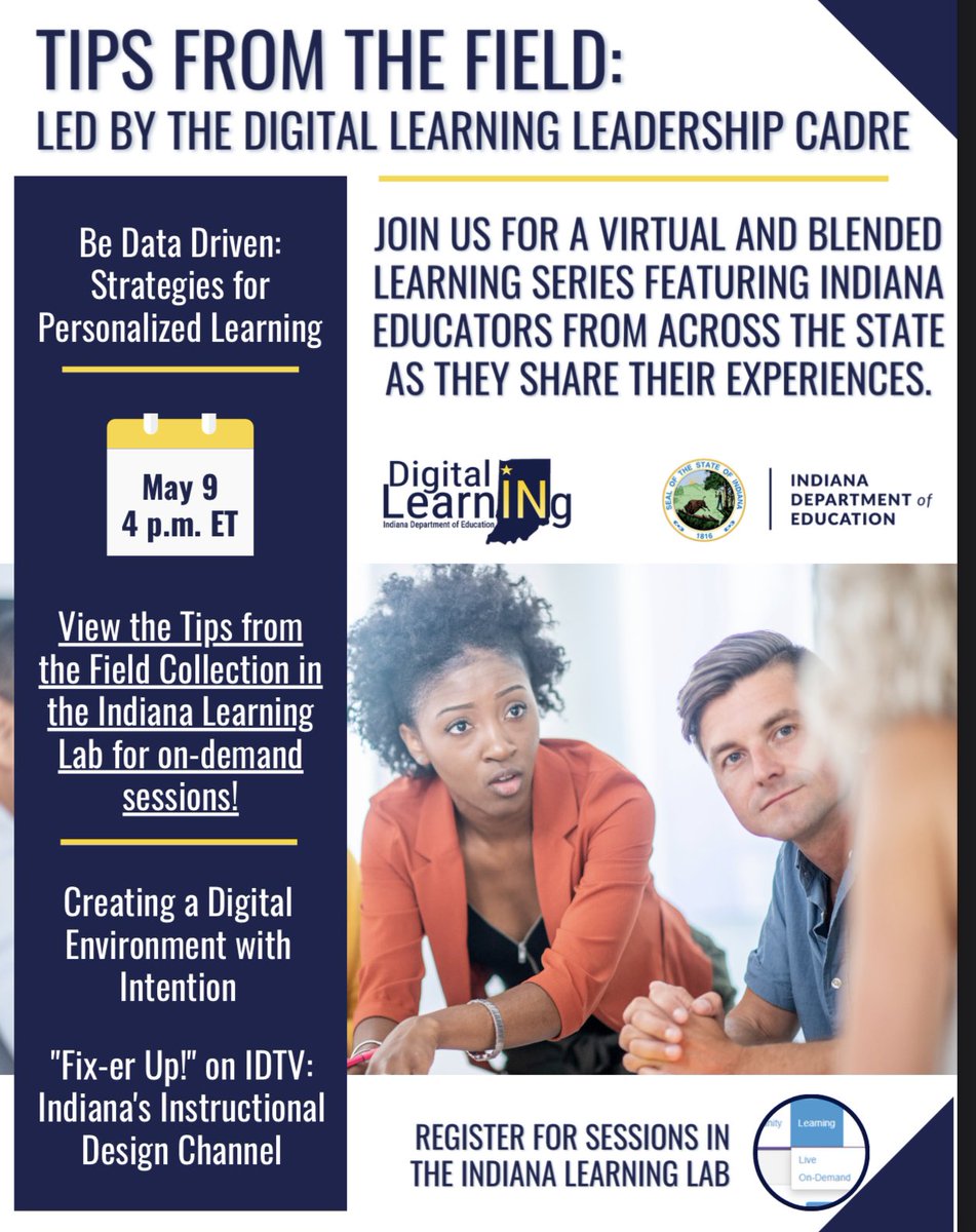 Join us virtually to learn about Data Driven Strategies for Personalized Learning on May 9th at 4pm. <a href="/INeLearn/">Indiana Digital Learning</a> <a href="/JessicaZepik/">Jessica Zepik</a> @slowevidal 

media.doe.in.gov/news/may-cadre…