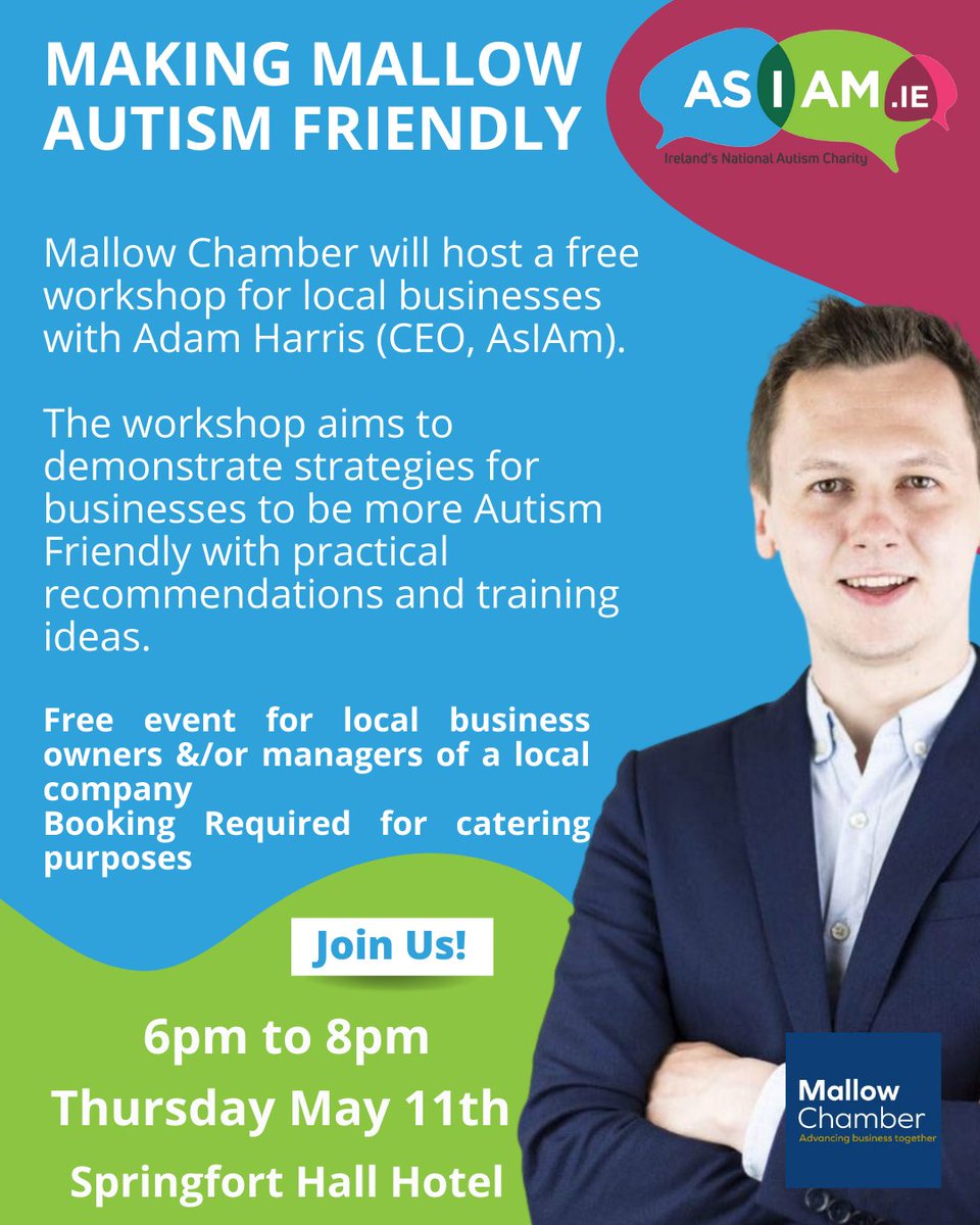 Chamber is delighted to host a Making Mallow Autism Friendly workshop with Adam Harris, CEO of AsIAm .  All business welcome to join for this free event.  Please register for catering purposes.
Registrations lnkd.in/evYZJCr3

#event #asiam #chamberofcommerce  #samechance