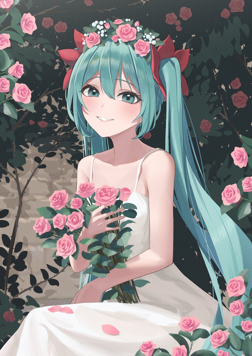 hatsune miku 1girl flower solo pink flower long hair pink rose dress  illustration images